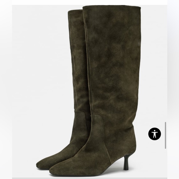 Zara suede knee high kitten heel square toed boots 37 6.5 khaki green 2012/210 - Picture 1 of 16